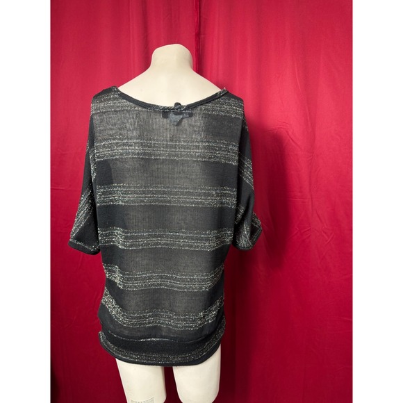 Black Sparkle Striped Sheer Mesh Top Dolman Sleeve Women's Large - Picture 3 of 4